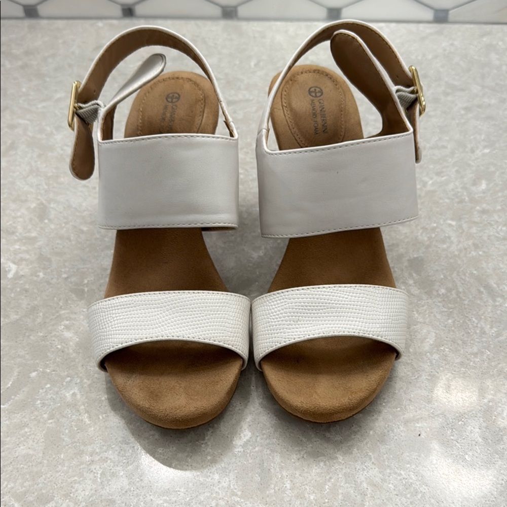 Giani Bernini White and Tan Sandals with Adjustable Ankle Strap
